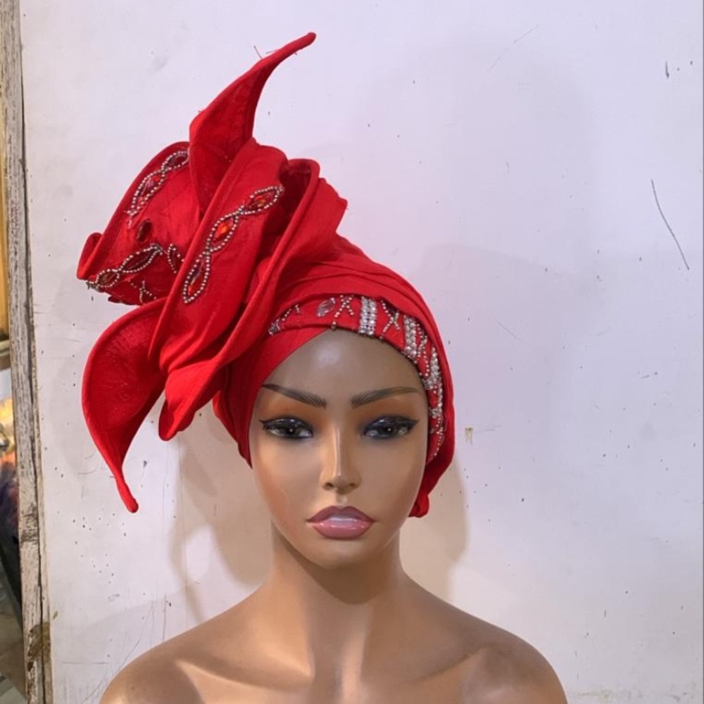 Elegant Red Headwrap with Beaded Accents